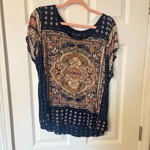 Lucky Brand Navy Multicolor Medallion Short Sleeve Tee